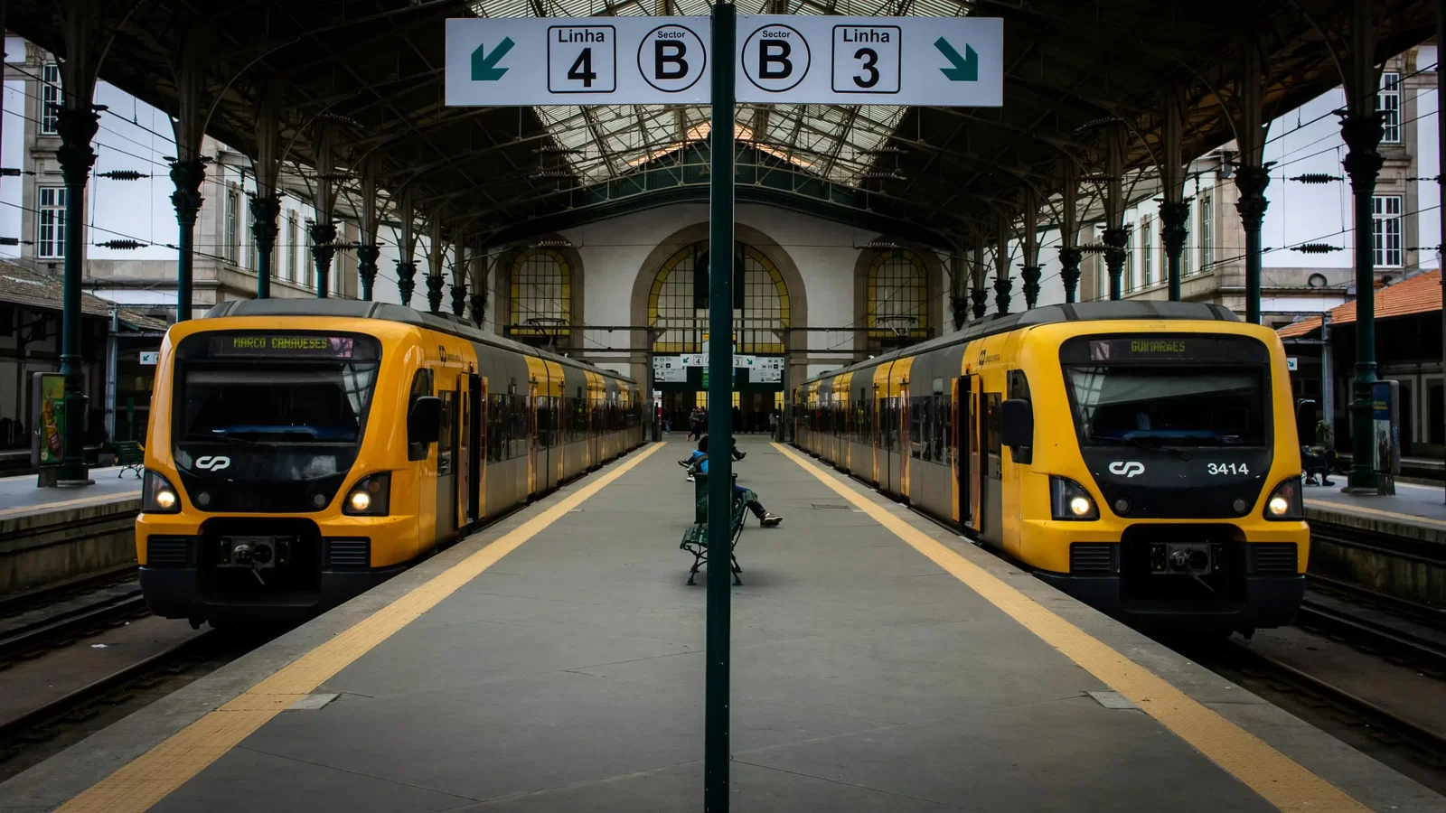 Train arriving at a platform in Porto