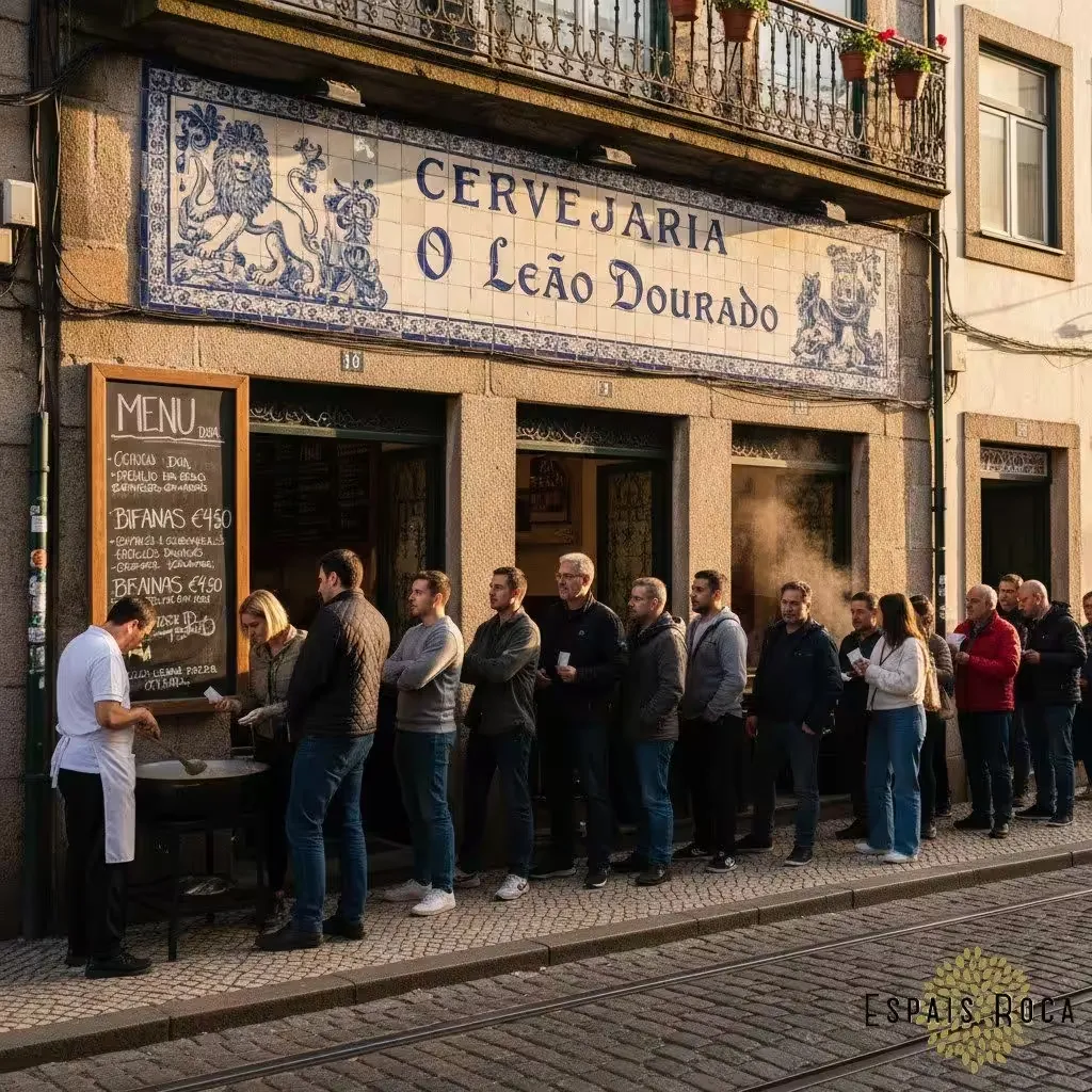 Exterior of a traditional Porto cervejaria with people queuing for bifanas