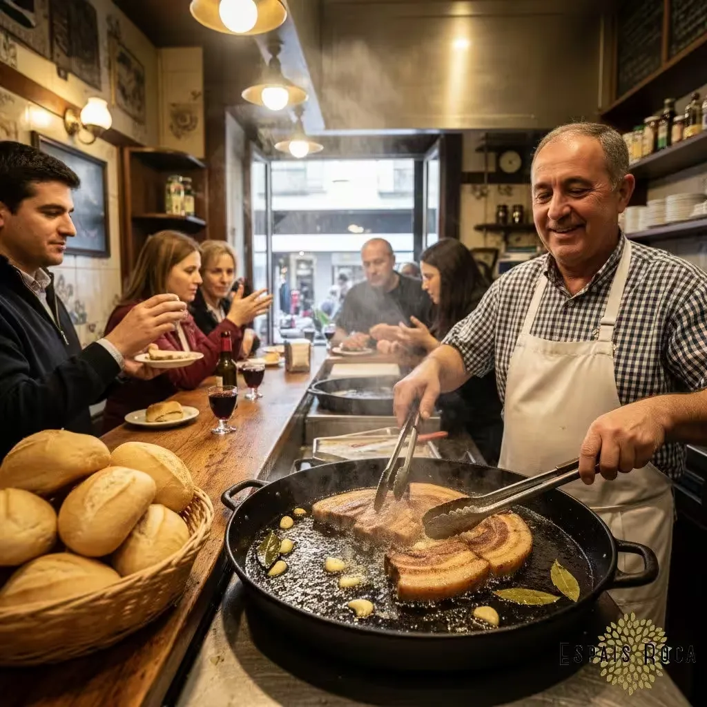 Counter of a traditional Porto tasca with pork bifanas being prepared and customers eating