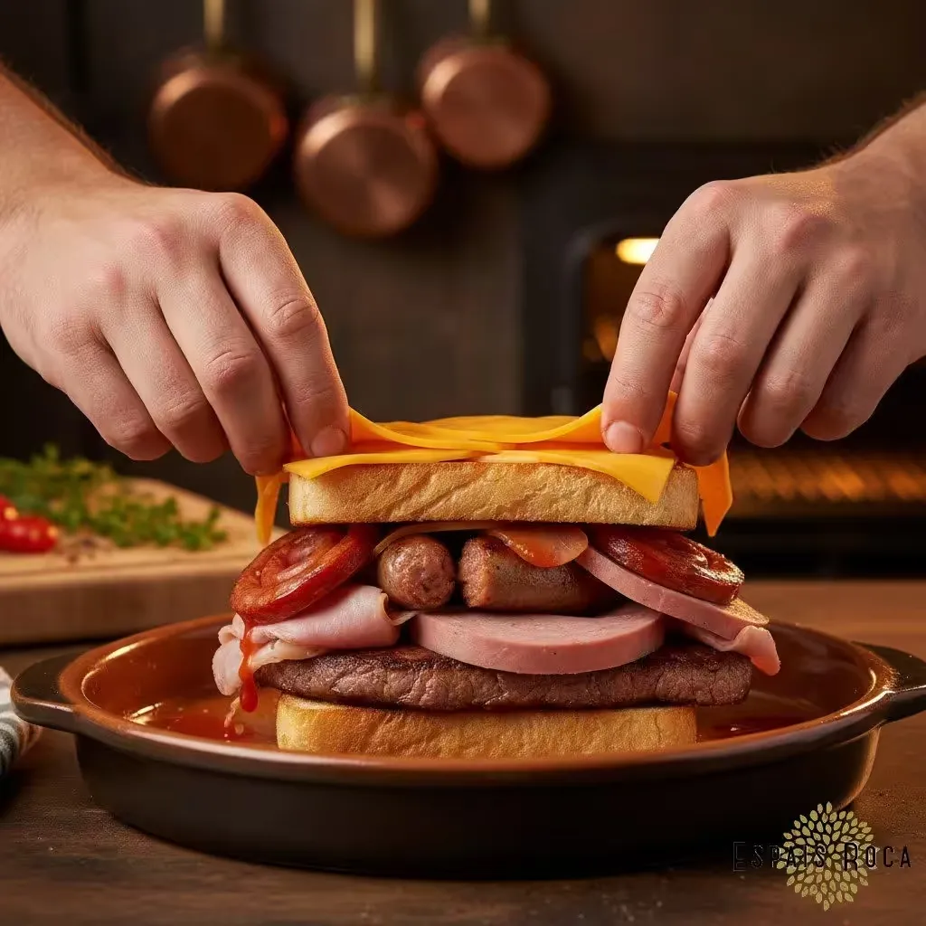 A francesinha being layered with cured meats, steak and cheese in an oven dish