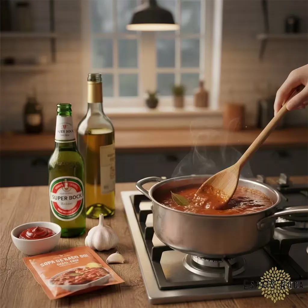 Francesinha beer-and-tomato sauce simmering in a small pan with ingredients laid out beside