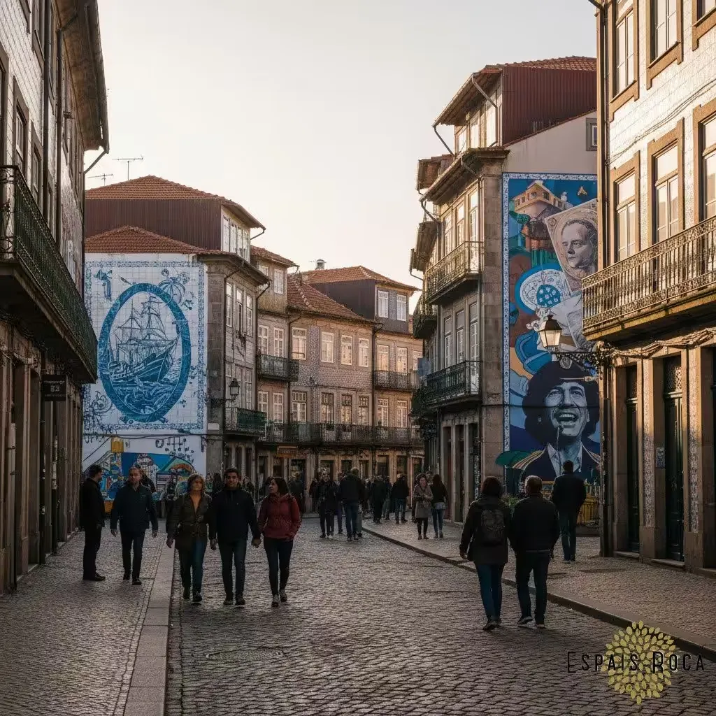 A Porto street with multiple street art murals on different buildings