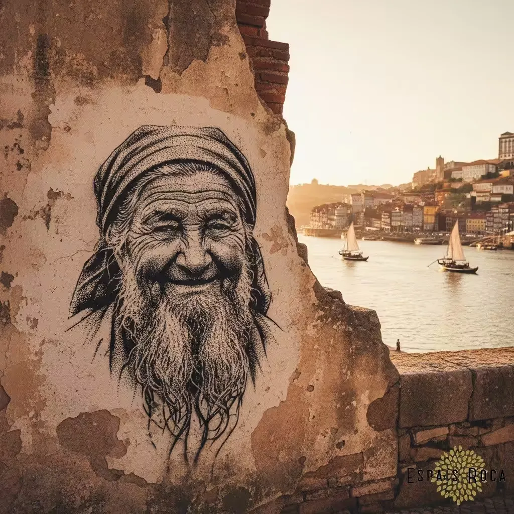 Stencil-style street art portrait on a wall in Miragaia, Porto