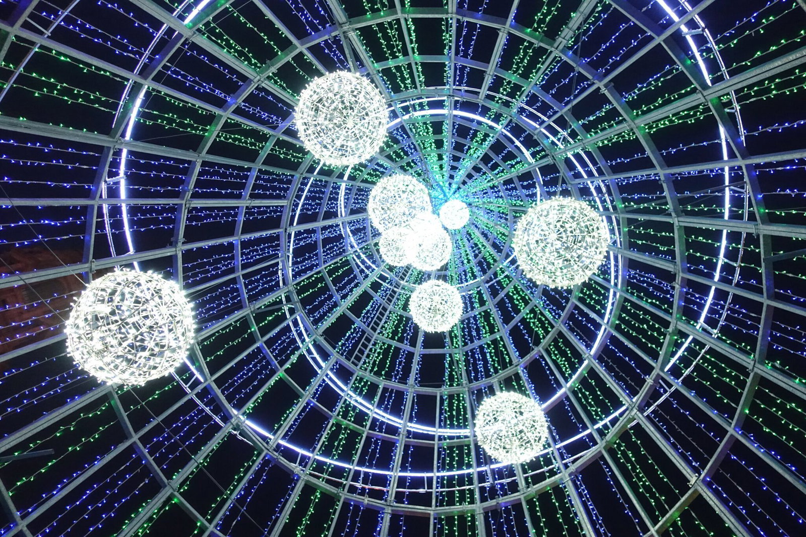 Illuminated Christmas light installation in Porto during the December festive season