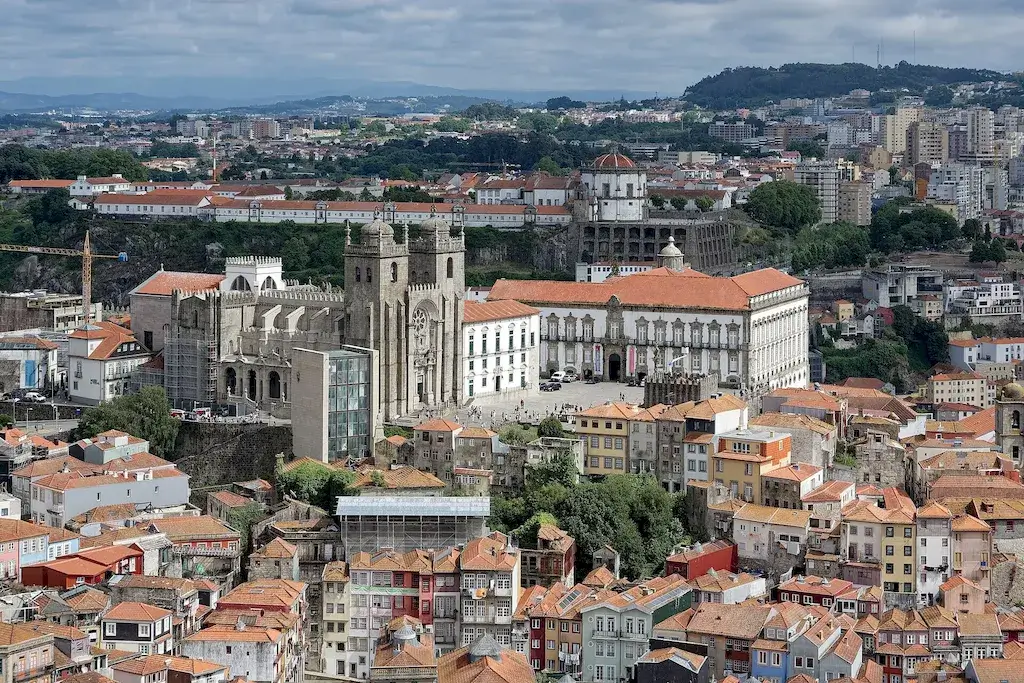 View over Porto rooftops towards the cathedral from Clerigos Tower