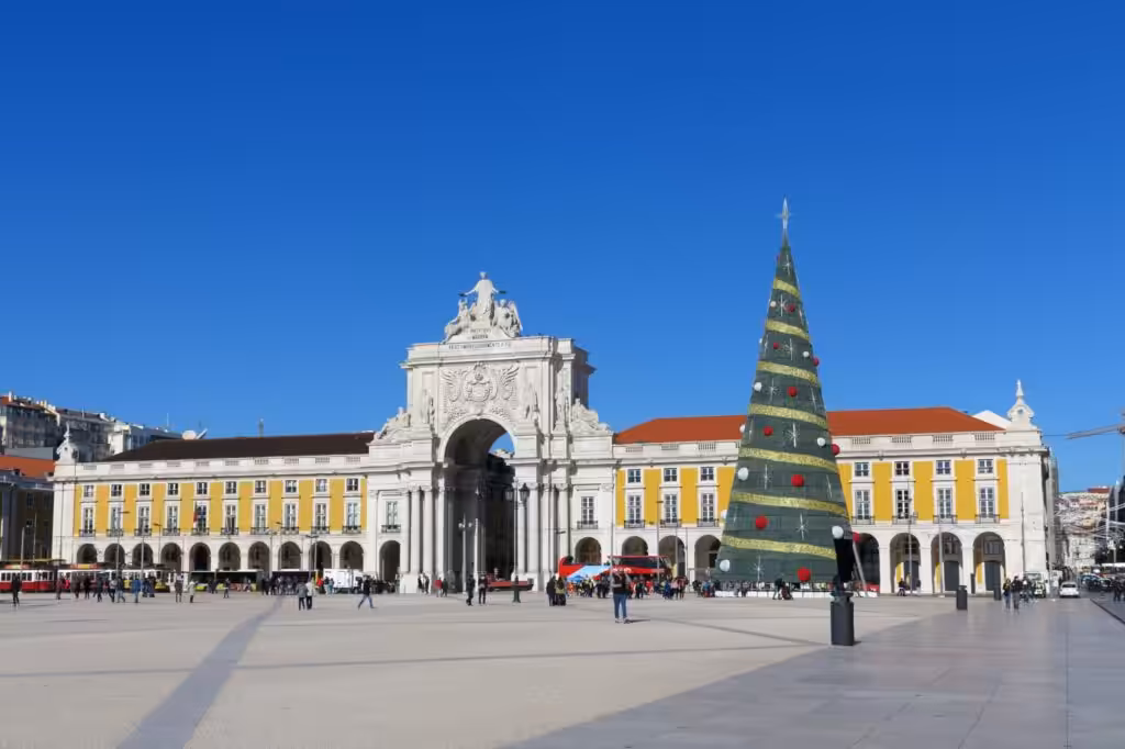 The Christmas tree in Praca do Comercio in Lisbon beside the Rua Augusta arch