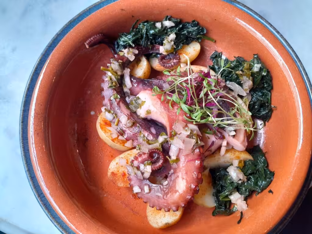 Polvo a lagareiro, roasted octopus with potatoes and greens, served in Porto